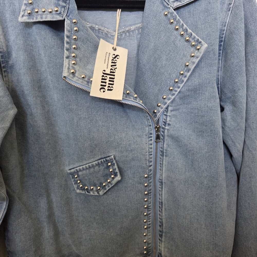 Savanna Jane Light Blue Studded Moto Style Jean Jacket Western Boho Rodeo MEDIUM - Picture 4 of 8